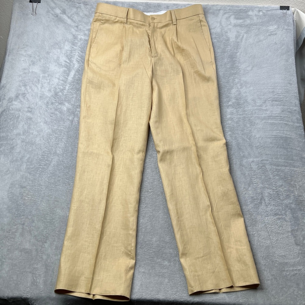 Prestige Original Mens Tan Linen Pants Pleated‎ Straight Leg Trousers 38x32